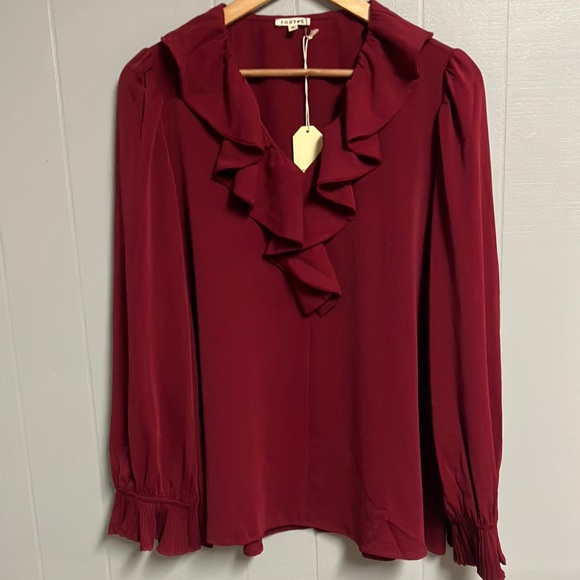NWT Jodifl Shirt Blouse Top Large Burgundy V Neck Ruffle Details New with Tags - Picture 1 of 12